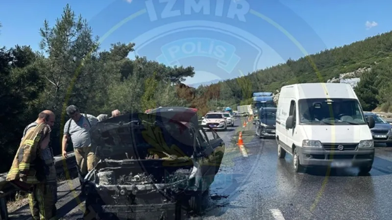 İzmir-Manisa Karayolu’nda araç alev aldı: Yangından dolayı trafikte aksamalar yaşanıyor